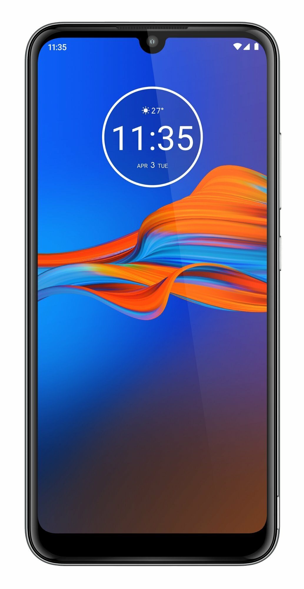 Czarny telefon Motorola wyświetlający kolorowy, abstrakcyjny obraz na ekranie.