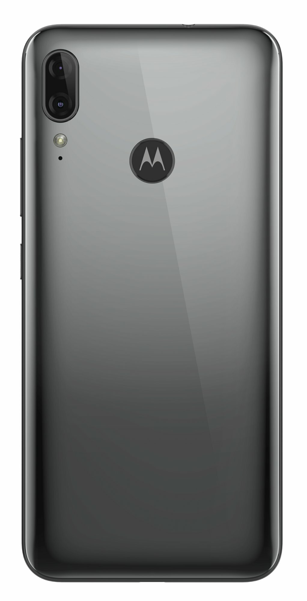 Tył szarego smartfona z aparatem i logo Motorola.