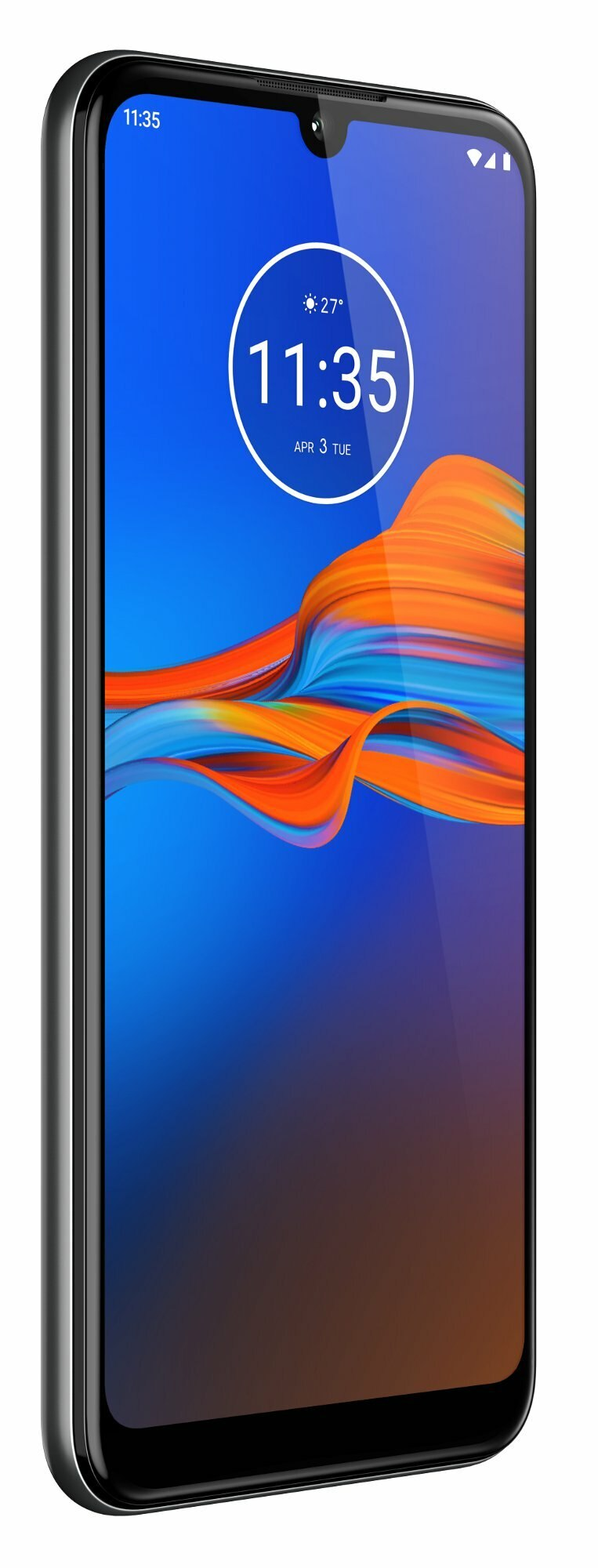 Czarny smartfon Motorola, widok pod kątem. Ekran wyświetla godzinę, niebiesko-pomarańczowe tło.