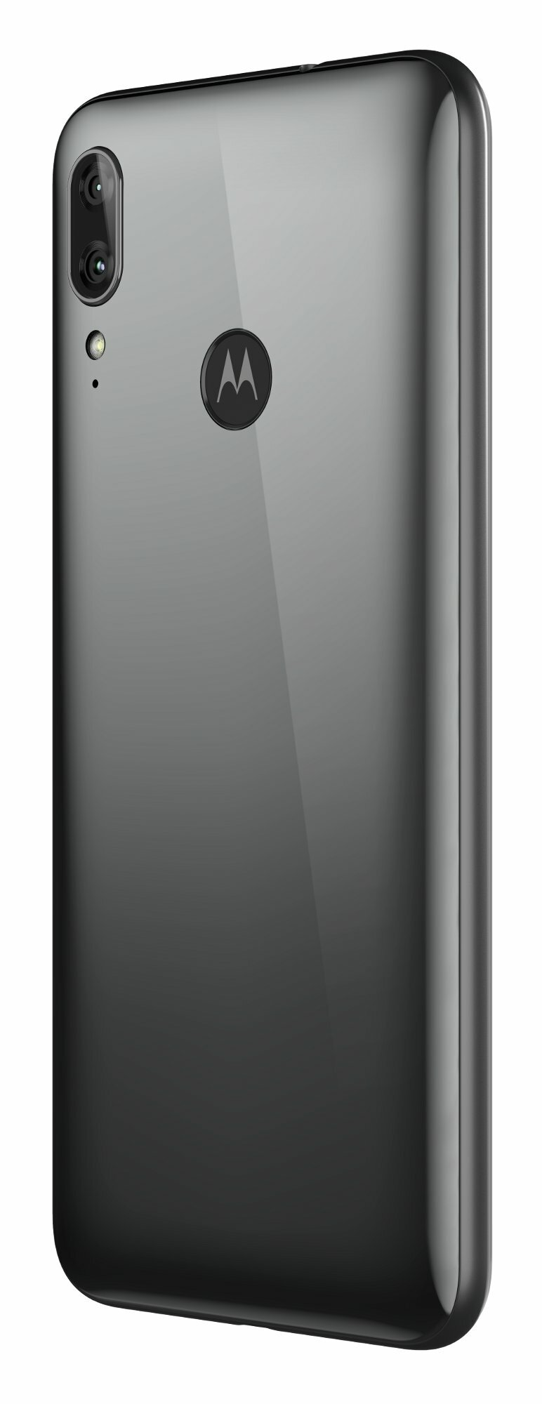 Szary telefon Motorola, widok z tyłu. Posiada podwójny aparat i logo Motorola.