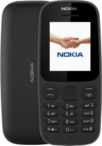 Czarny telefon Nokia 105. Wyświetla obraz uścisku dłoni na ekranie. Posiada klawiaturę numeryczną.