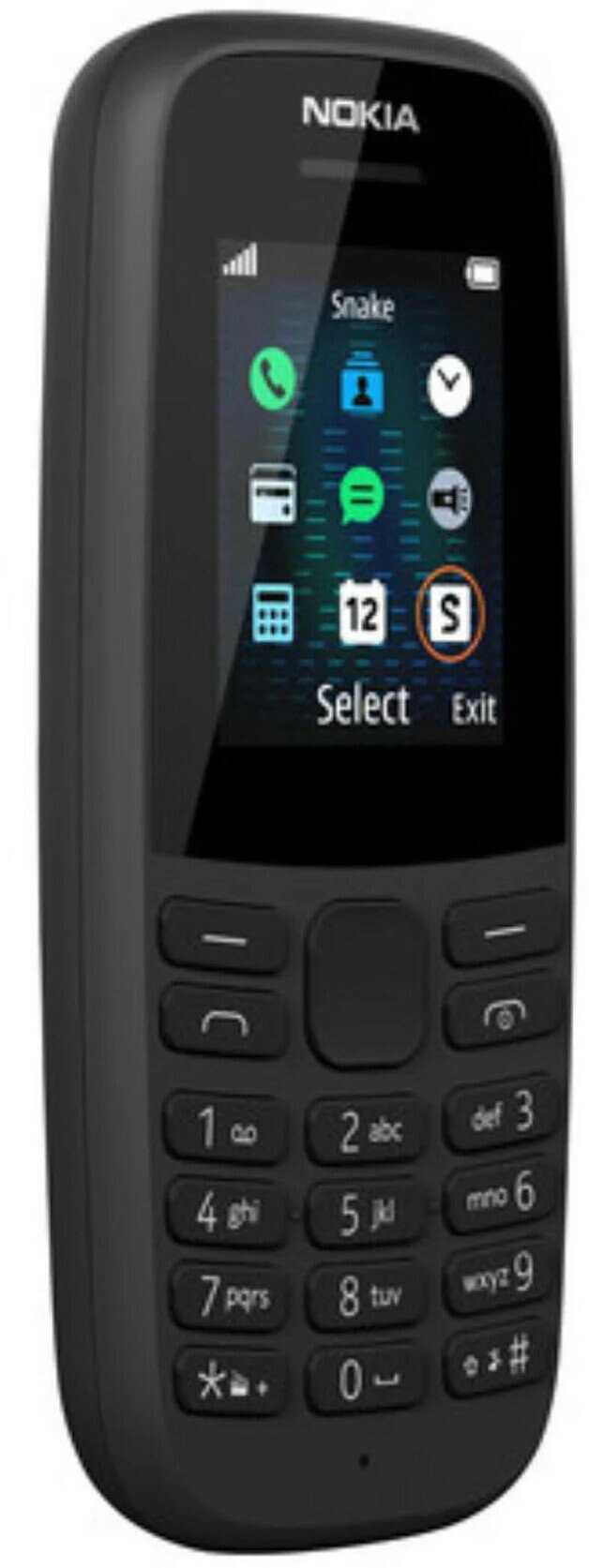 Czarny telefon Nokia z małym ekranem pokazującym ikony. Klawiatura numeryczna i przyciski wyboru.