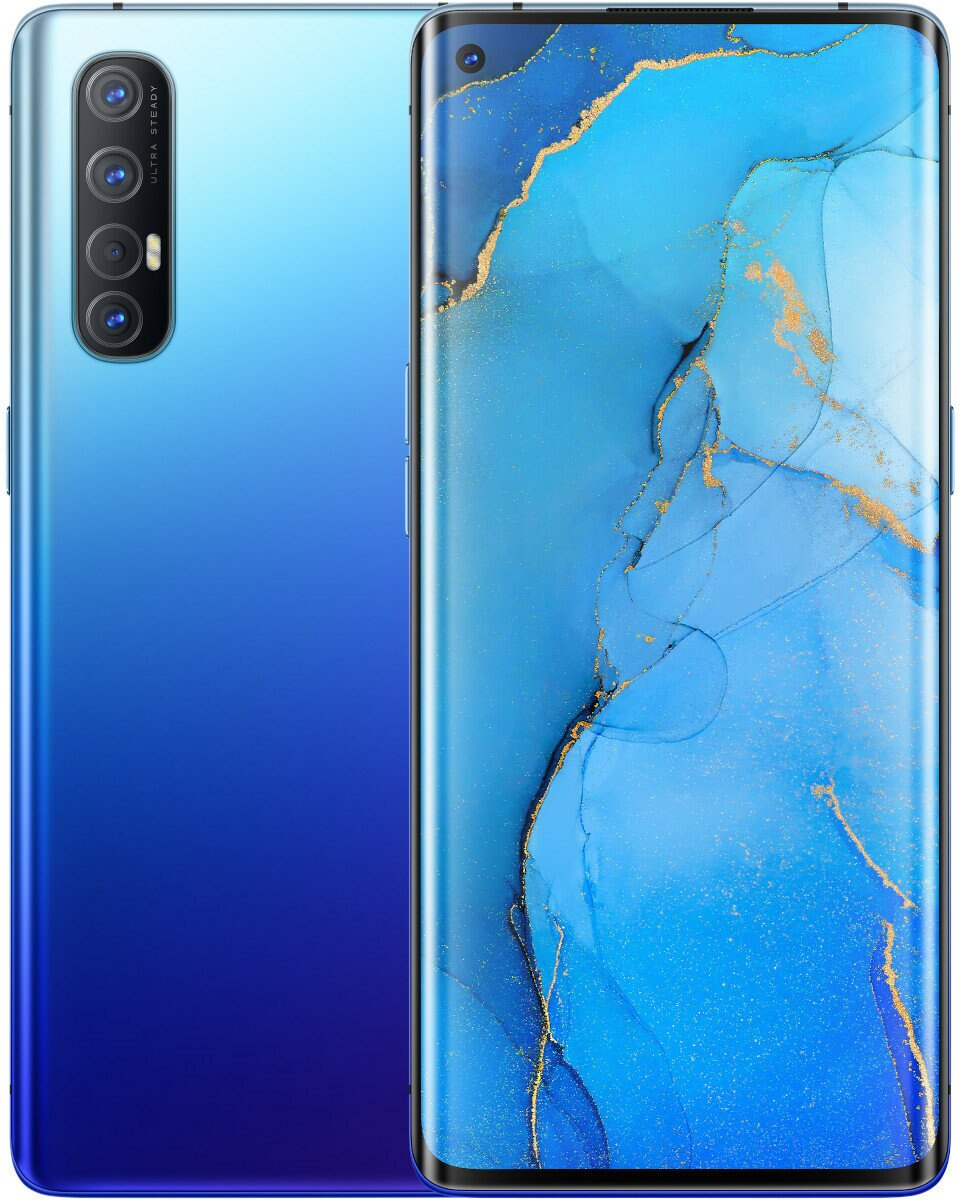 Niebieski gradient Oppo, pokazujący tył i przód z zakrzywionym ekranem.