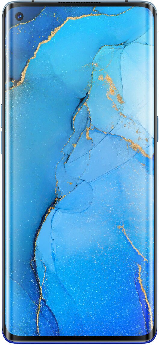 Smartfon z jasnoniebieskim ekranem i aparatem z dziurą.