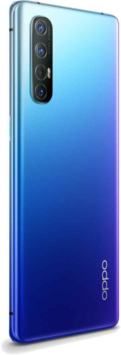 Smartfon z niebieskim gradientem i zestawem aparatów z tyłu, widok z boku. Nowoczesny design.