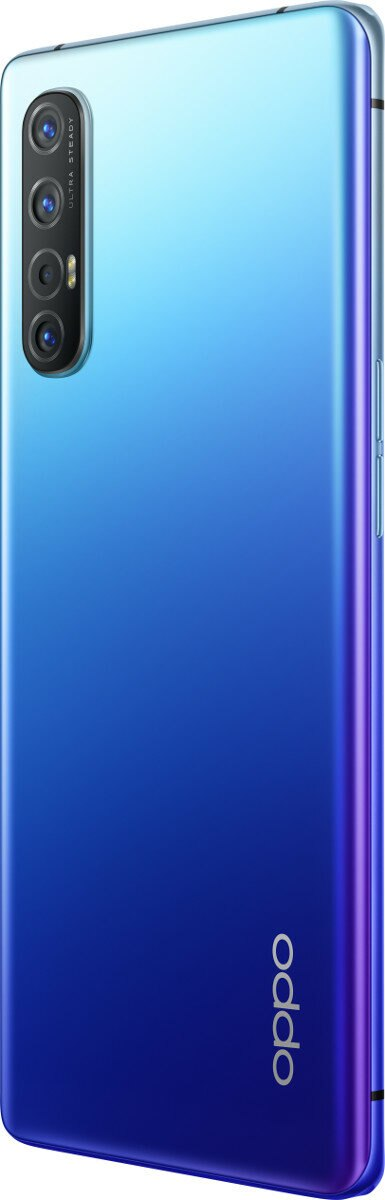 Niebieski i fioletowy smartfon z potrójnym aparatem i logo Oppo.