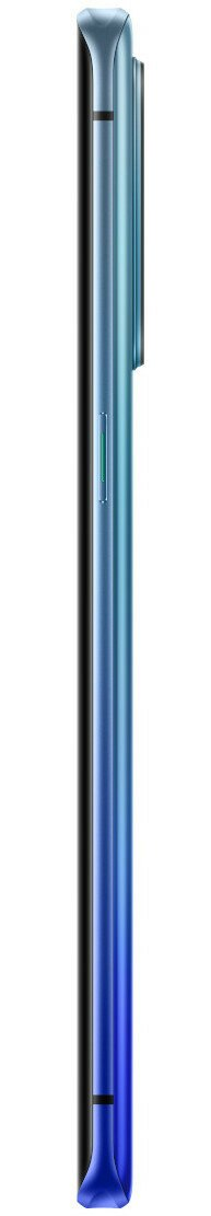 Widok z boku niebieskiego telefonu. Przycisk zasilania z boku. Białe tło.