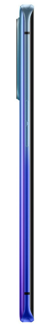 Widok z boku niebieskiego smartfona. Ma długi, cienki prostokątny kształt z czarnym paskiem z boku.