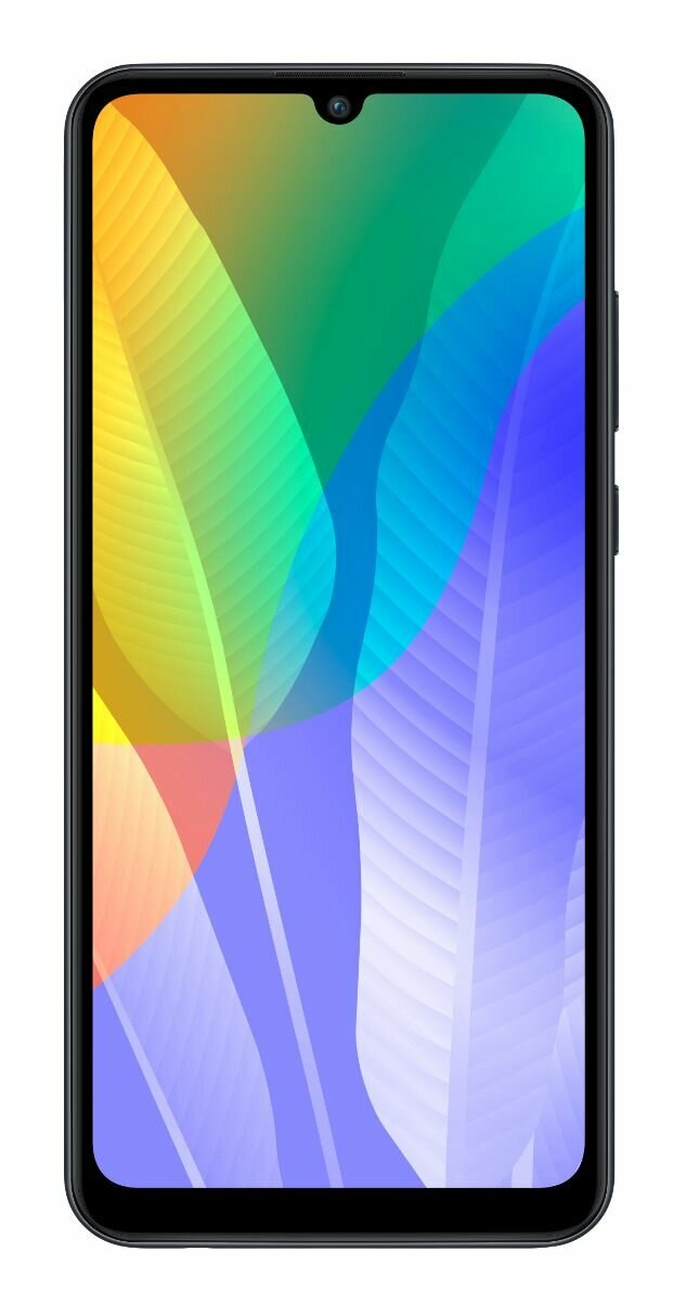 Ekran smartfona z kolorową tapetą z wzorem liści. Telefon ma czarną ramkę.