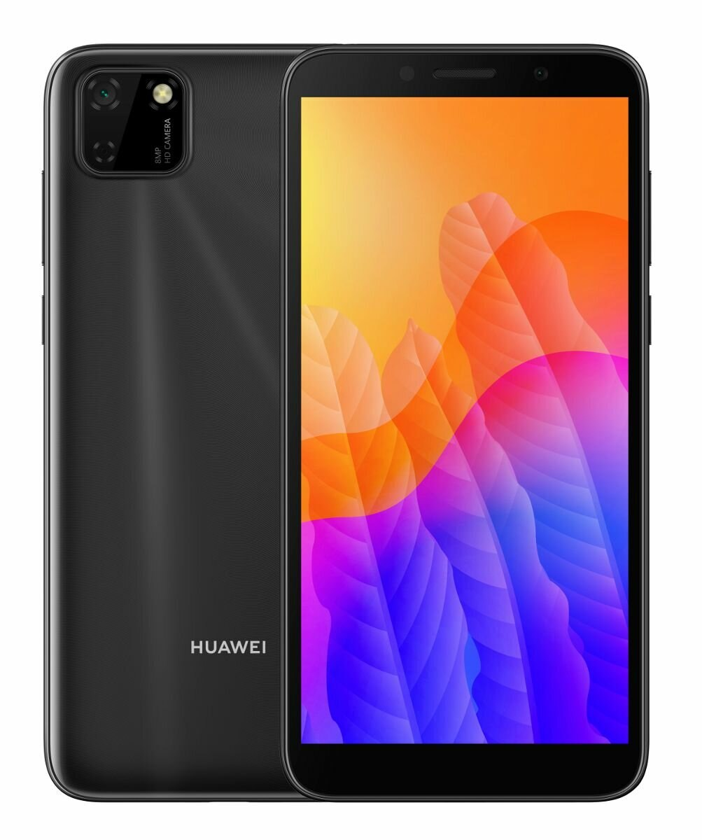 Czarny telefon Huawei z kolorowym ekranem. Tył jest czarny. Dwa aparaty.