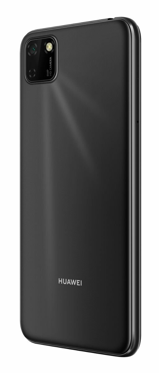 Czarny smartfon Huawei, pod kątem, pokazujący tylny aparat.