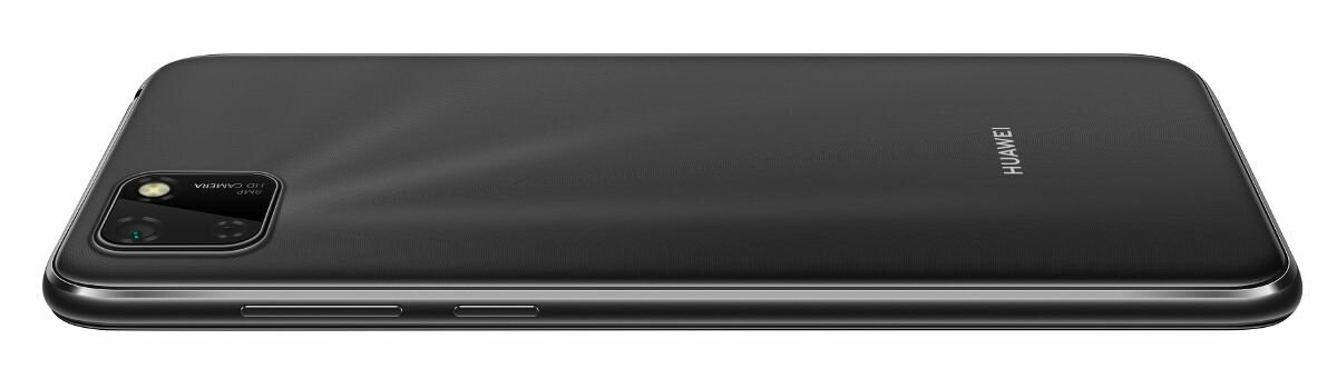 Czarny telefon Huawei, widok z boku. Posiada aparat, przyciski głośności i zasilania.