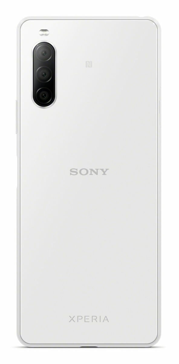 Biały tył smartfona z potrójnym aparatem i logo Sony, poniżej 'XPERIA'.