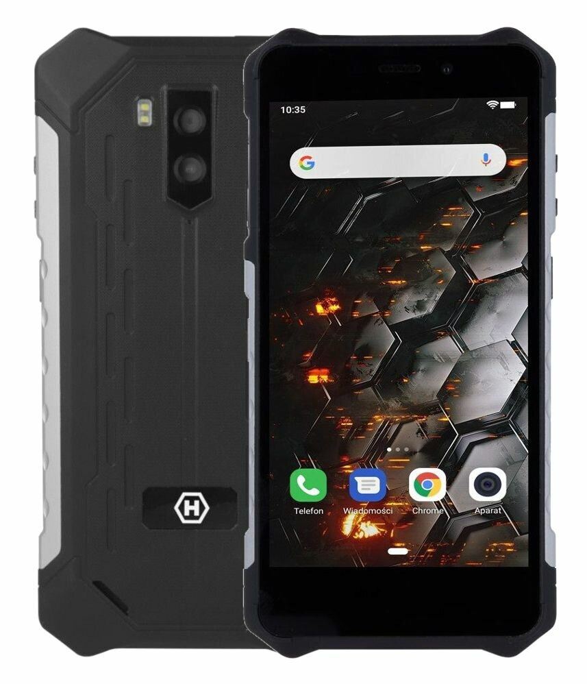 Wytrzymały smartfon. Czarno-szara obudowa z ekranem wyświetlającym godzinę, pasek wyszukiwania i ikony aplikacji.