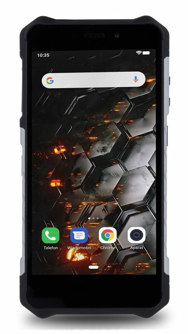 Czarny smartfon z etui ochronnym wyświetla tło w kształcie plastra miodu i ikony aplikacji. Ekran pokazuje godzinę, pasek wyszukiwania i aplikacje.