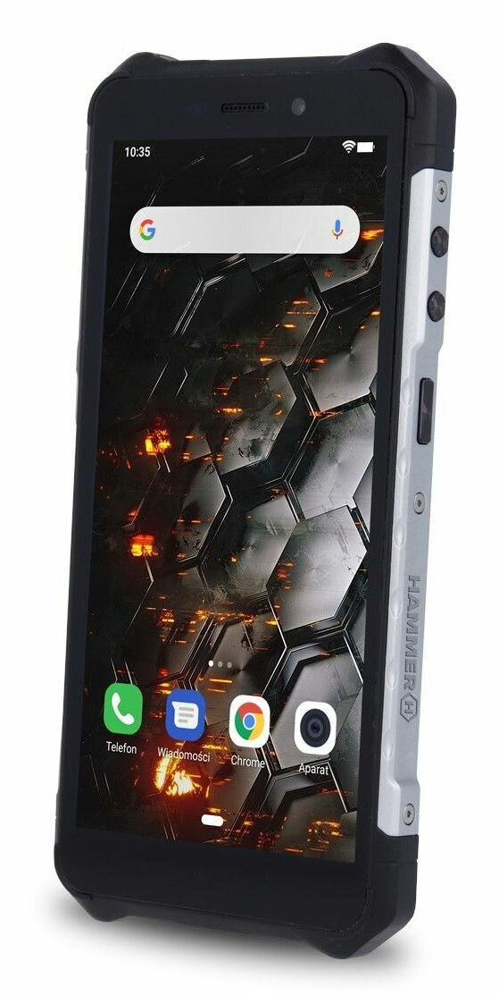 Wytrzymały smartfon, czarny i srebrny, wyświetla wzorzysty ekran z ikonami. Czas jest wyświetlany u góry. Telefon jest lekko pochylony.