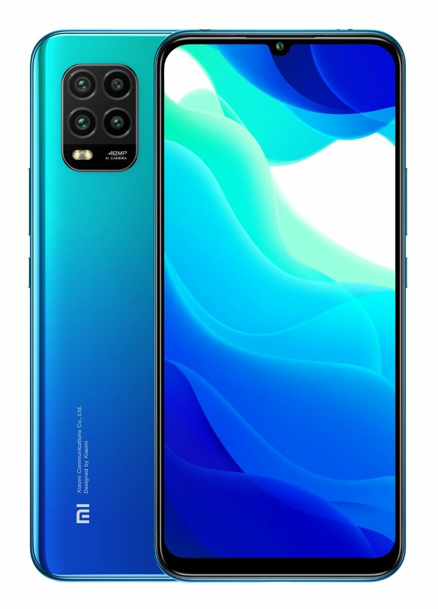 Niebiesko-turkusowy telefon Xiaomi, widok z przodu i z tyłu, z zestawem aparatów.