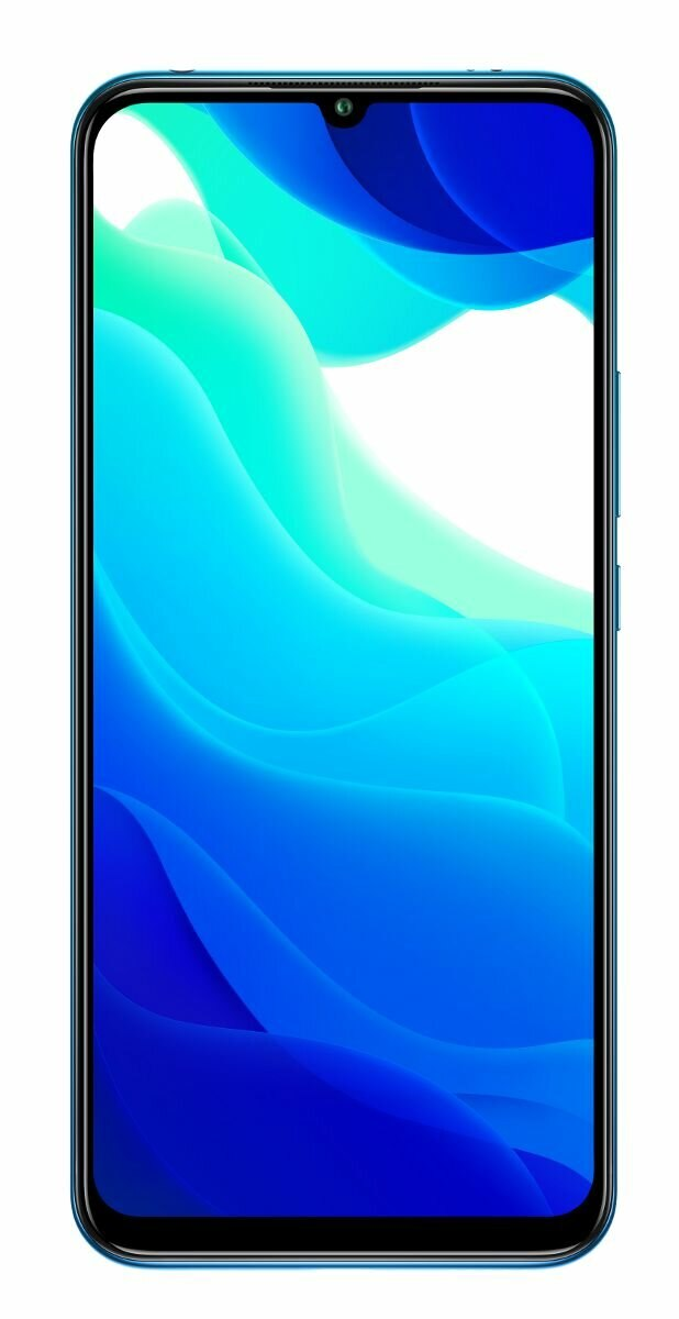 Niebieski smartfon z notchem w kształcie łzy i kolorowym abstrakcyjnym tłem.