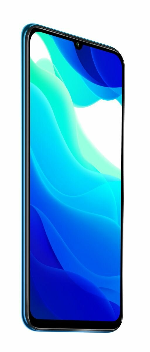 Niebieski telefon z białym ekranem, na którym widać niebieskie fale.