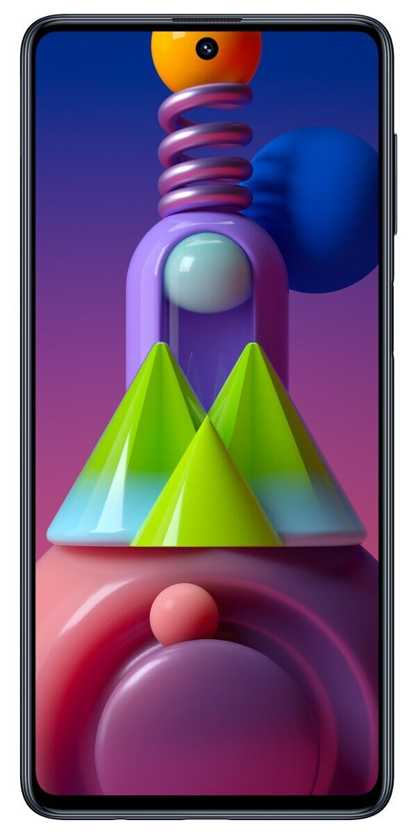 Smartfon wyświetlający kolorową, abstrakcyjną tapetę. Telefon ma czarną ramkę. Na górze aparat.