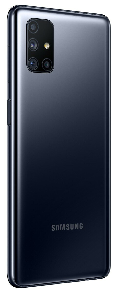 Ciemnoniebieski telefon pod kątem na białym tle. Widok z tyłu, widoczne wiele aparatów. Logo Samsung.