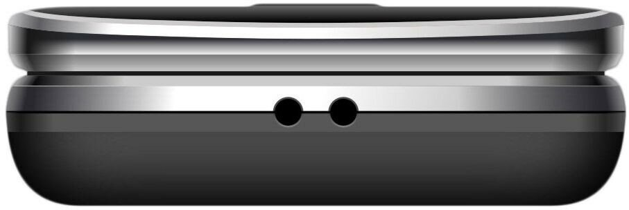 Zbliżenie na dolną stronę urządzenia. Widoczne dwa okrągłe otwory. Srebrny i czarny.