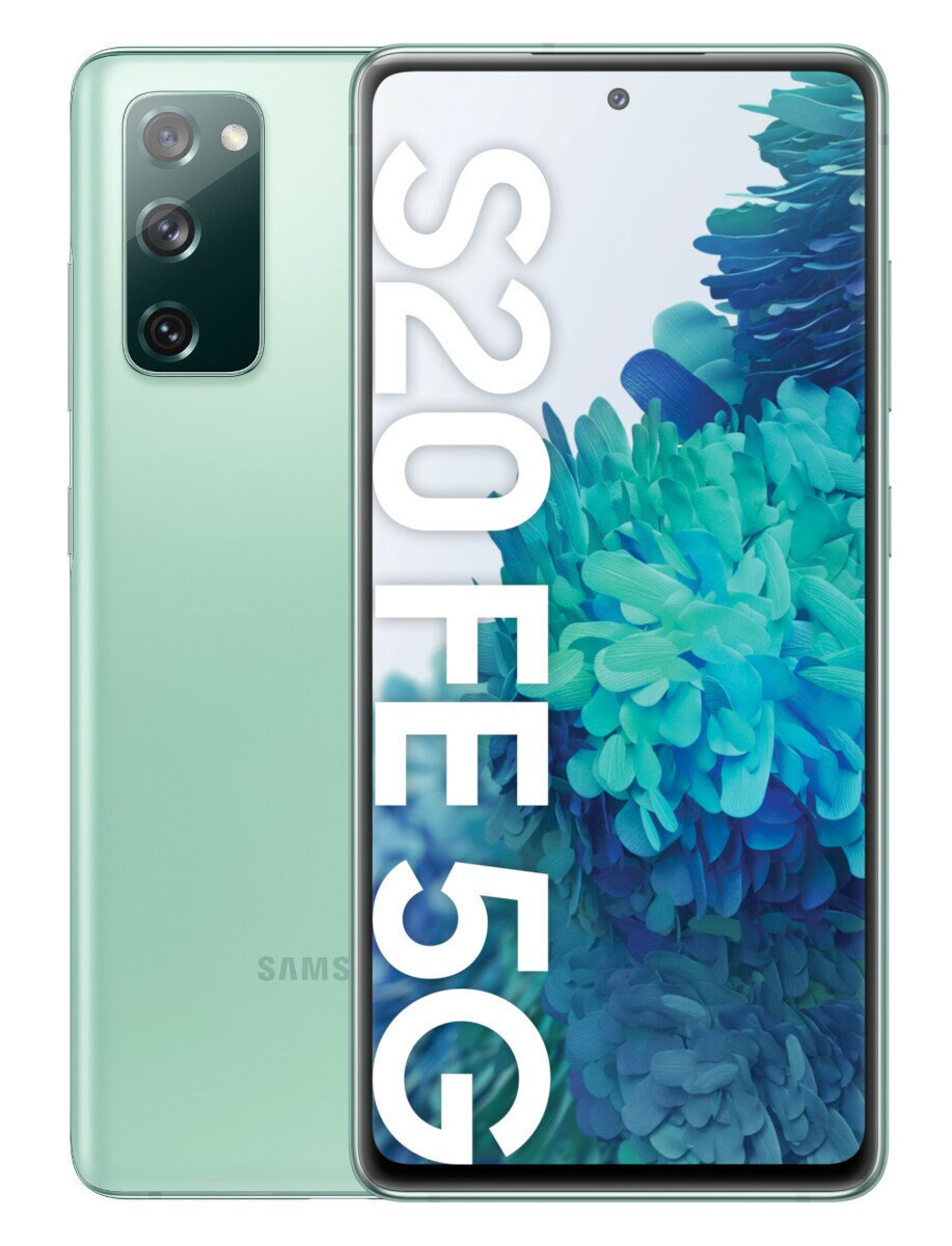 Miętowo-zielony telefon Samsung S20 FE 5G. Ekran wyświetla kwiatowy wzór. Telefon pokazany jest z przodu i z tyłu.