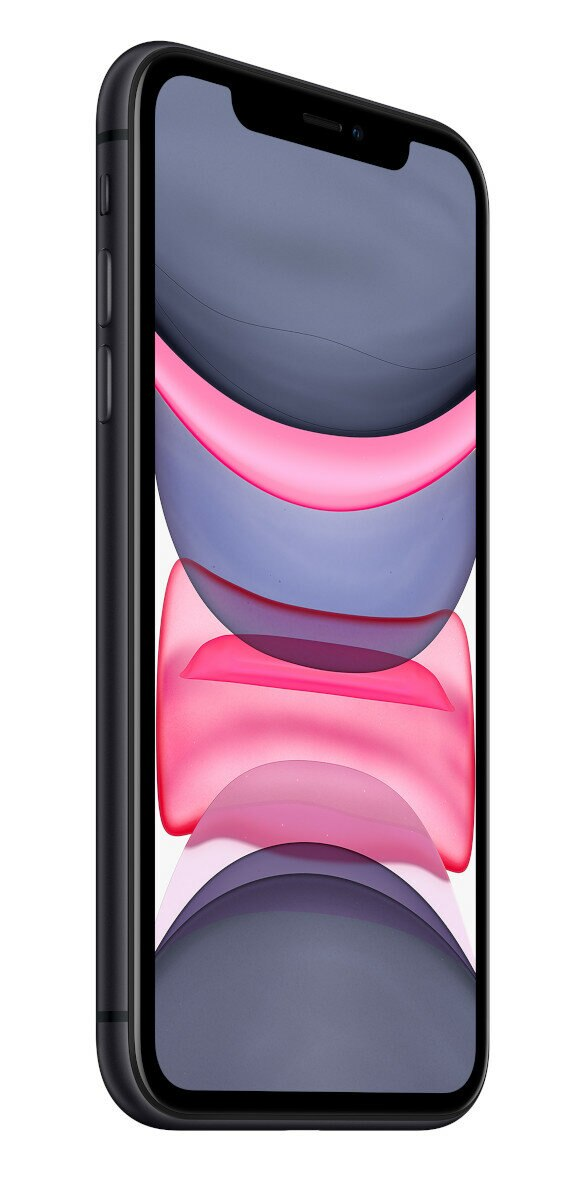 Czarny iPhone 11 pokazany z boku, lekko pochylony w prawo.
