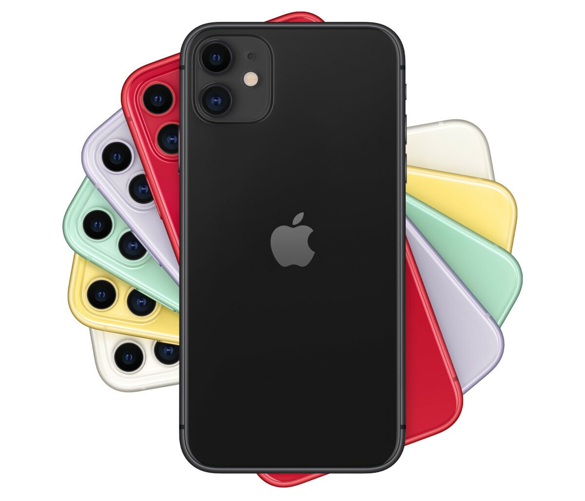 Widok z tyłu różnych kolorowych iPhone'ów ułożonych w kształt wachlarza. Czarny telefon pośrodku.