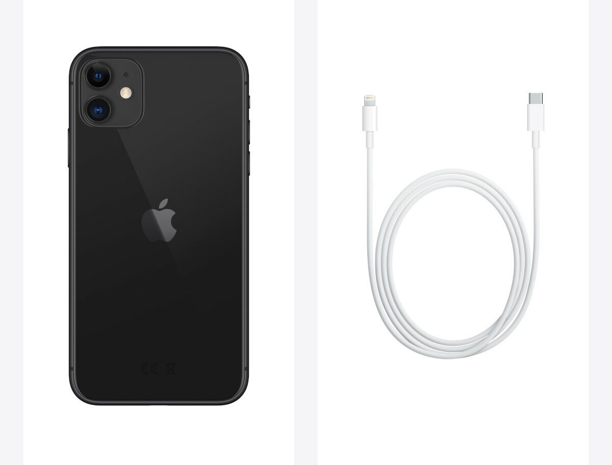 Czarny iPhone 12 i biały kabel do ładowania. Widoczny tył telefonu z logo Apple.