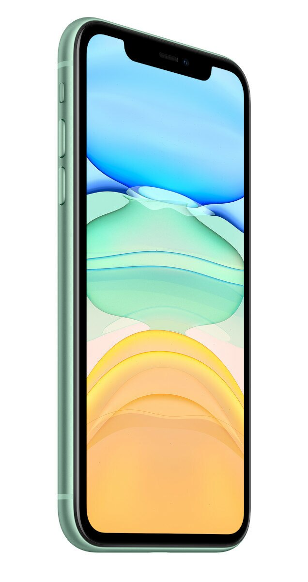 Zielony iPhone 11, widok z boku. Ekran z abstrakcyjną grafiką i przyciskami.