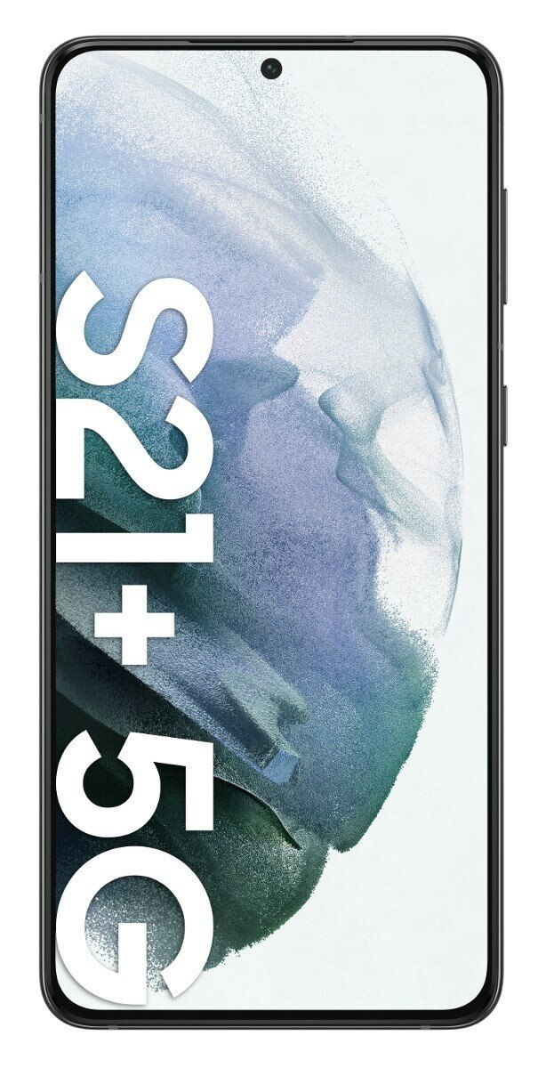 Czarny smartfon z napisem 'S21+ 5G' na ekranie, na białym tle.