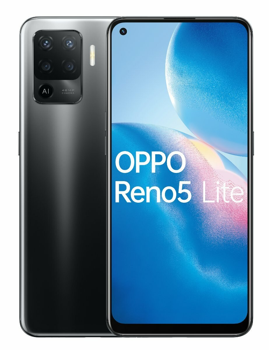 Czarno-szary smartfon OPPO Reno5 Lite, wyświetlający niebieski, abstrakcyjny obraz.