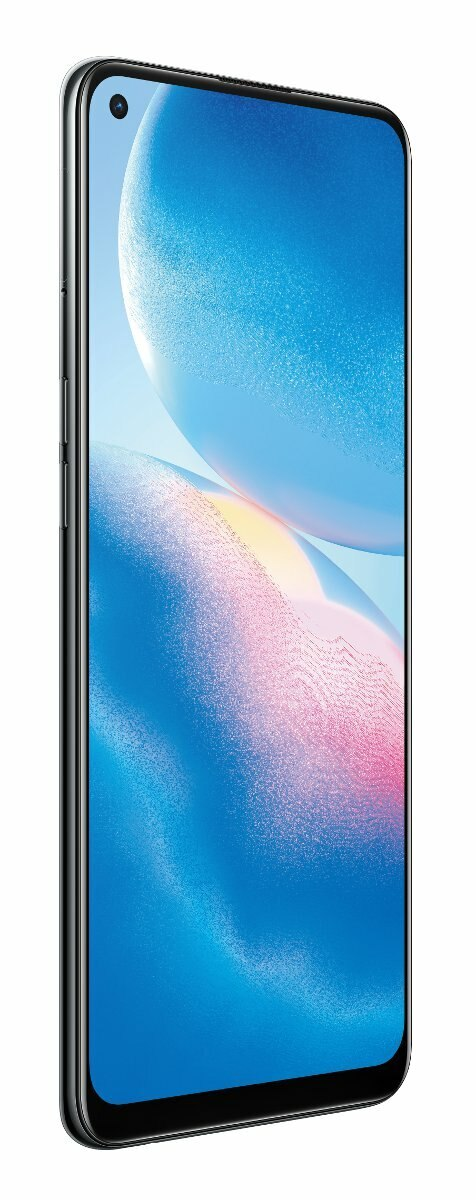 Smartfon z widokiem pod kątem, niebieski i biały ekran, czarna ramka. Białe tło.