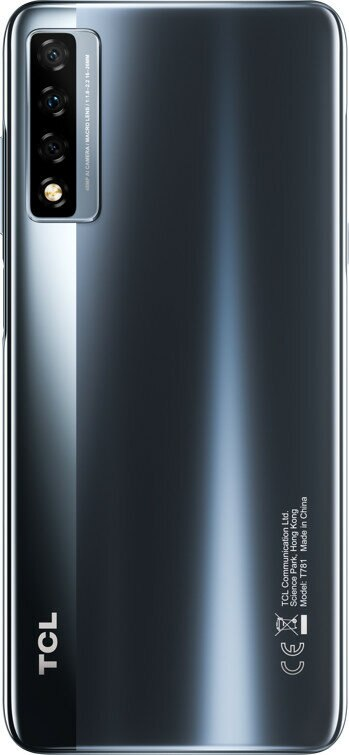 Tył szarego smartfona TCL z aparatem i napisami.