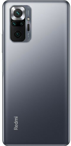 Tył szarego smartfona z wieloma aparatami. Logo Redmi na dole. Czarny zestaw aparatów.