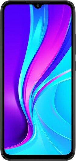 Smartfon z kolorową, abstrakcyjną tapetą, czarną ramką i wycięciem na aparat w kształcie łzy.