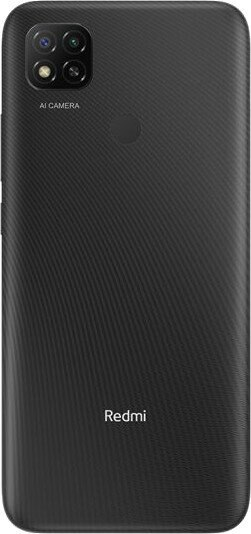 Czarny telefon Redmi z poczwórnym aparatem i logo Redmi na białym tle.
