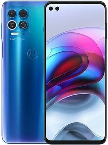 Niebieski telefon Motorola z potrójnym aparatem z tyłu i wyświetlaczem z aparatem.