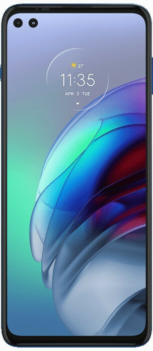 Smartfon, widok z przodu, niebieska ramka. Wyświetla godzinę i datę.