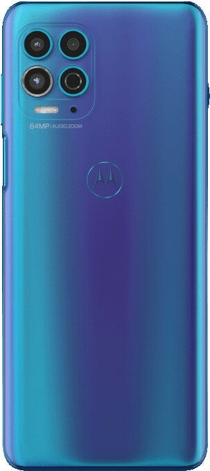 Tył niebieskiego smartfona z wieloma obiektywami aparatu i logo Motorola.