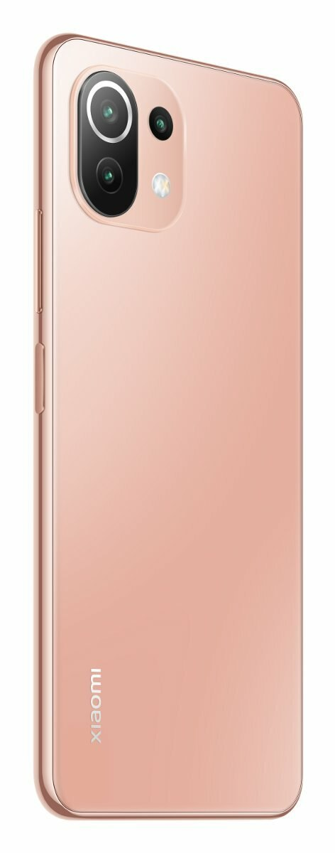 Różowy telefon Xiaomi, widok z boku. Dwie kamery z tyłu. Logo Xiaomi na dole.