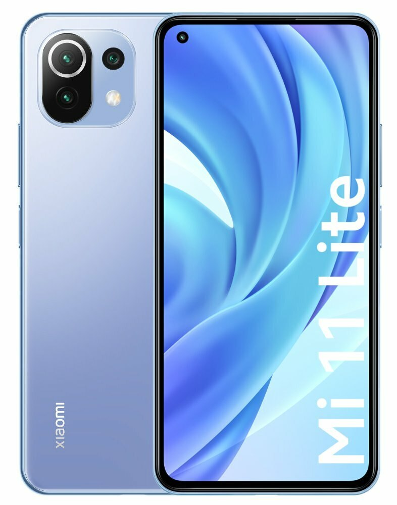 Niebieski telefon Xiaomi Mi 11 Lite. Tył pokazuje kamery. Przód pokazuje niebieski abstrakcyjny wzór.