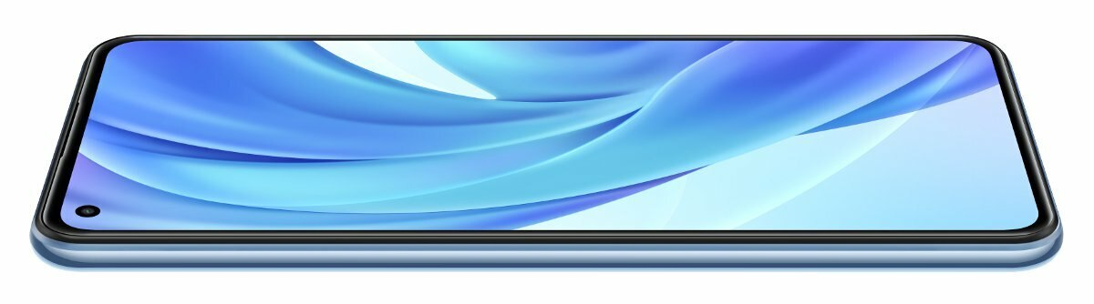 Smartfon leżący poziomo. Ekran jest niebieski z zakrzywionym designem. Białe tło.