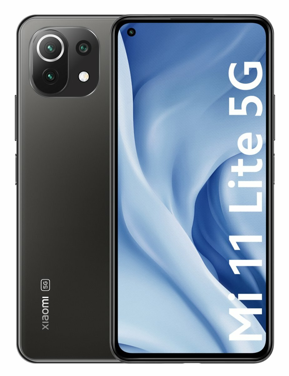 Czarny telefon Xiaomi Mi 11 Lite 5G. Posiada podwójny aparat. Ekran wyświetla faliste tło.