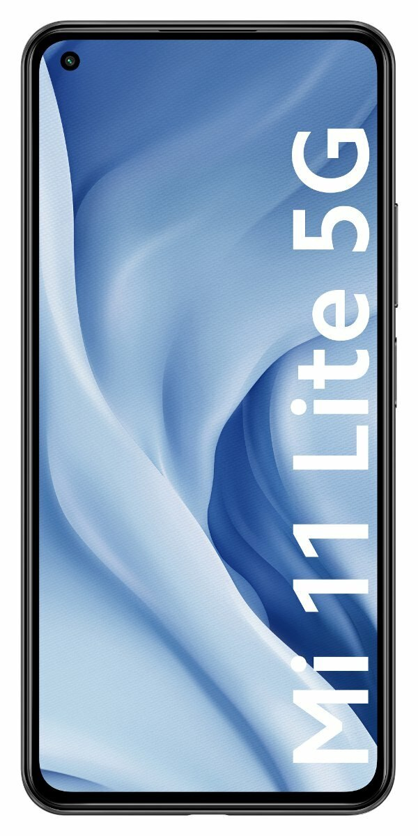 Smartfon z niebieskim abstrakcyjnym obrazem na ekranie. Czarna ramka z tekstem Mi 11 Lite 5G.
