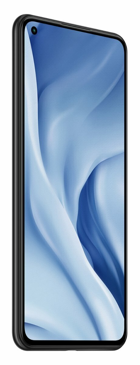 Czarny smartfon z zakrzywionym wyświetlaczem, pokazujący niebieski obraz przypominający wodę.