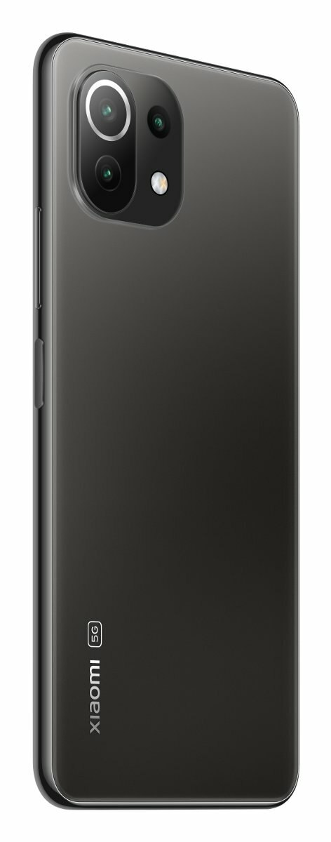 Czarny smartfon Xiaomi 5G, widok z tyłu, z trzema aparatami.