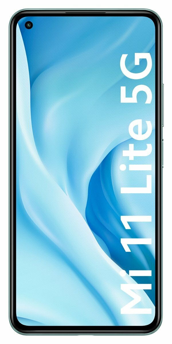 Smartfon Mi 11 Lite 5G z jasnoniebieskim ekranem. Telefon jest w zielonym etui.