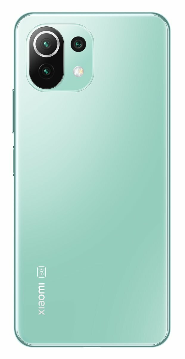 Tył jasnozielonego smartfona z trzema aparatami. Widoczne logo Xiaomi, a telefon ma etykietę 5G.